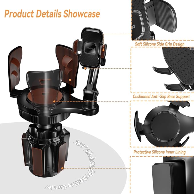EXELIQ Cup Holder Expander with Phone Mount for Car, 2-in-1 Adjustable Cup Holder Fits Large Bottles, Tumblers & Fast Food Drinks, Universal Phone Mount 360° Rotating Arm for 4.7–7" Phones