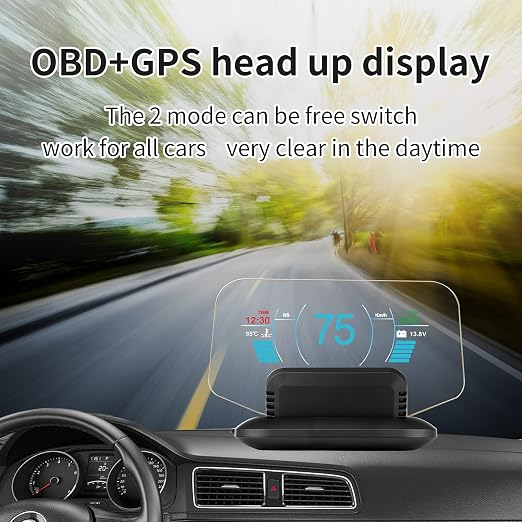 C1 Dual-Mode HUD Head-Up Display for Cars: GPS Speedometer & OBD2 Gauge with Real-Time RPM, Temp, Speed Alerts – Universal Windshield Projector for SUV, Truck, Sedan (Fits 2009+ Vehicles)
