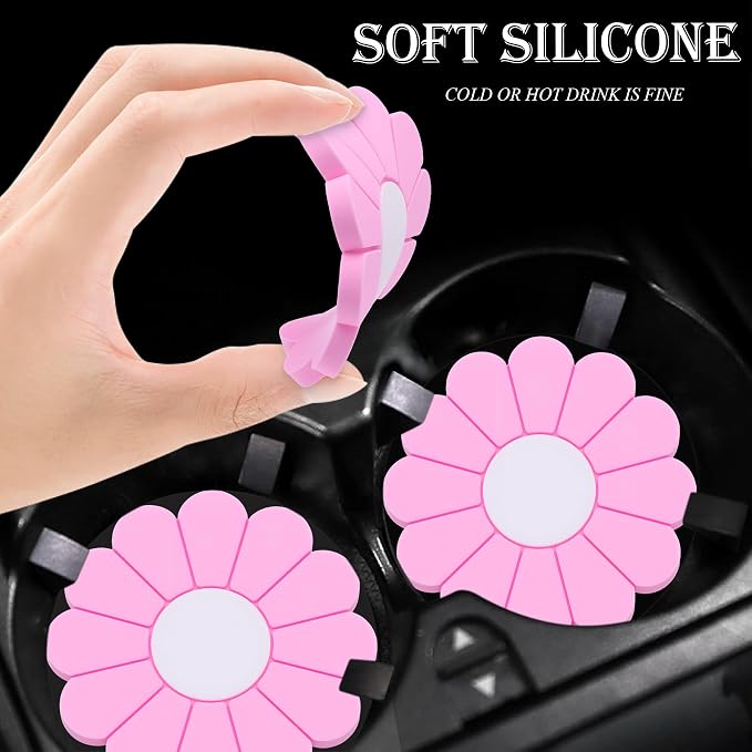 2-Pack Car Cup Holder Coaster Inserts, Daisy Shape, 2.75 Inch Non-Slip Silicone Cup Holder Insert, Universal Non-Slip Cup Holders, Car Accessories Interior for Women and Man (Pink)