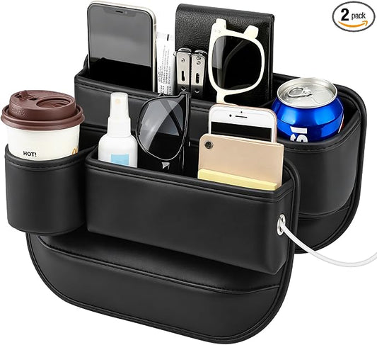 Universal Fit Car Seat Gap Filler Organizer | Extra Storage Organizer with Cup Holder | Easy Access | Premium Leather | Black | 2 Pack