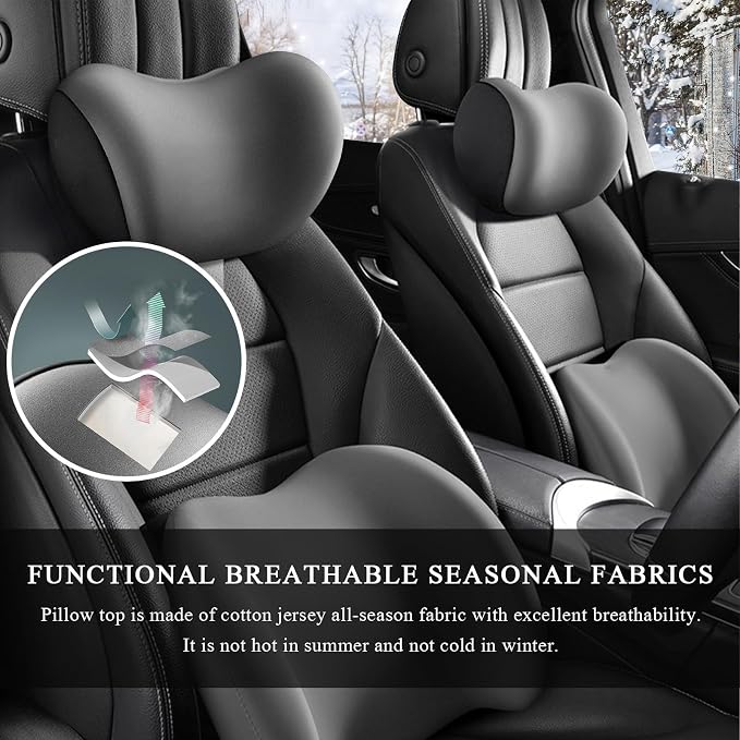 2 PCS Car Headrest Cushion, Ergonomic Memory Foam Car Neck Back Support w/Removable Cover, Universal Breathable Lumbar Cushion Headrest Pillow with Adjusatble Strap (Gray)