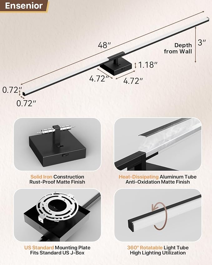 Ensenior Modern Bathroom Vanity Light 48 inch, Built-in Dimmer, 28W Dimmable 5CCT Led Bath Lights, Black Bar Vanity Lights for Bathroom Mirror Cabinets Bedroom-FCC & ETL Certificated