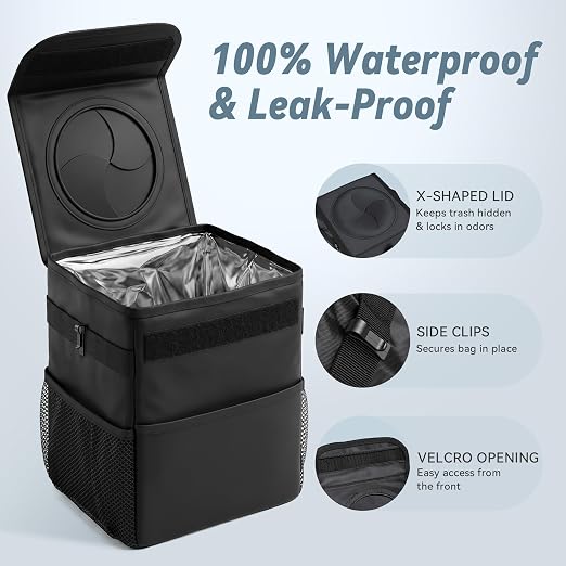 Car Trash Can with Lid, Leakproof Hanging Organizer for Car Back Seat | Waterproof Lining • Prevents Trash from Falling Out • Side Storage Pockets • Foldable Design • Fits Cars, SUVs & Trucks