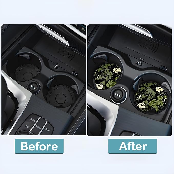 Car Cup Holder Coasters, 2 Pack – 2.75" Universal Auto Anti-Slip Insert Coaster, Rubber Car Coasters, Personalized Car Accessories for Women (Sage Green Floral and Plant)