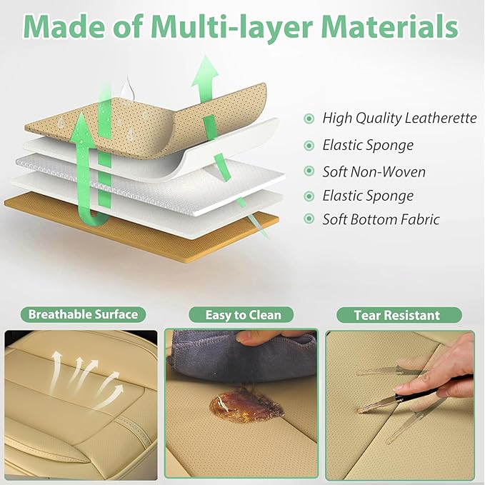 2 Pack Front Car Seat Cover Bottom Only Faux Leather, Anti-Slip Padded Seat Cushion, Full Wrap Seat Protector with Storage Function Fit 95% Cars, SUV, Pick-up Trucks (Beige)