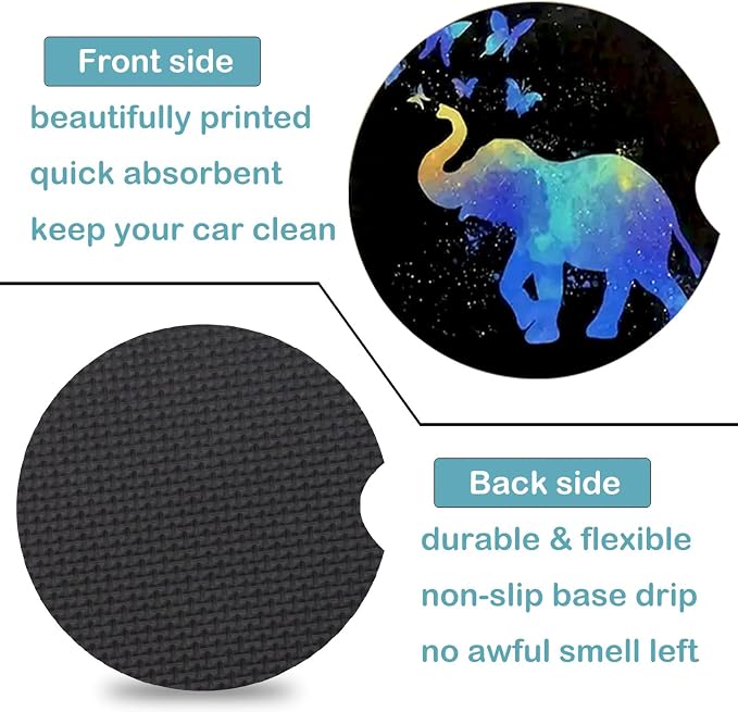 2 Pack Elephant Car Cup Holder Coasters Universal Neoprene Coasters | 2.75" Universal Size Anti Slip Rubber Mat, Auto Cup Holder Decor Accessories for SUV Truck, Elephant Gifts for Women Men Mom