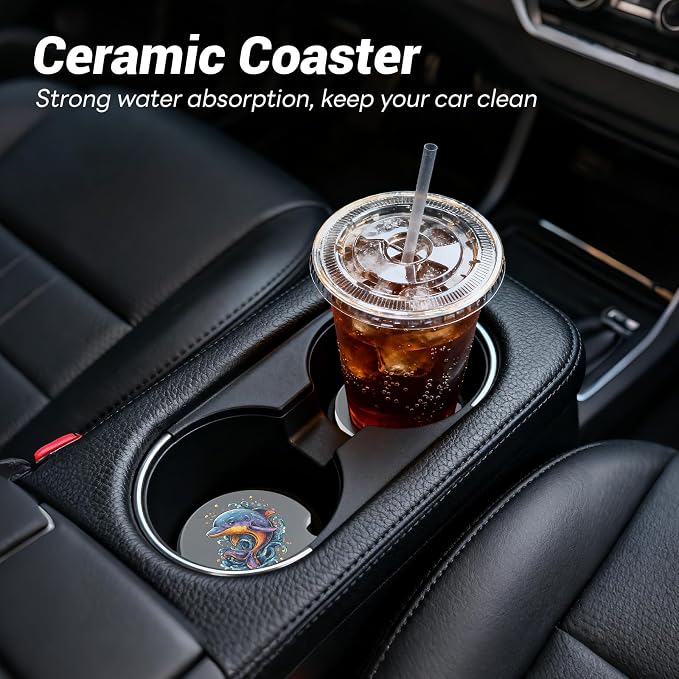 Car Cup Holder Ceramic Coasters 2 Pack, 2.56 in Anti Slip Absorbent Coaster with Cork Base and Finger Notch, Funny Cute Car Accessories Interior for Women, Whale