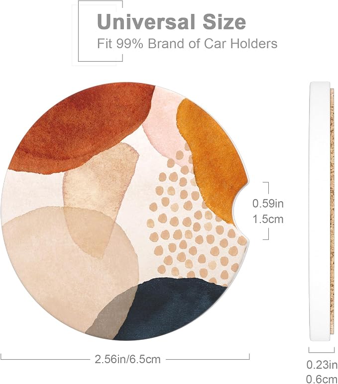 Car Cup Holder Coaster, Car Coasters for Cup Holders, 2 Pack Universal Anti Slip Insert Absorbent Ceramic Auto Interior Accessories with A Finger Notch & Cork Base, Simple Abstract Art