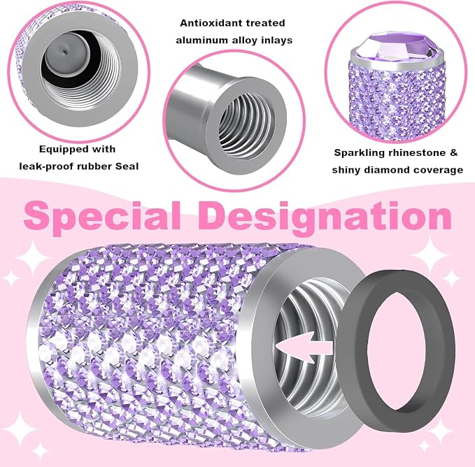 BFXM 4Pcs Car Tire Valve Stem Caps, Bling Tire Air Cap for Car, Car Accessories for Women Universal Stem Covers, Anodized Aluminum Tires Valve Cap with O Rubber Ring, Crystal Diamond