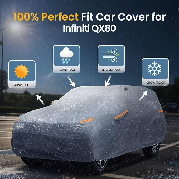 Large SUV Car Cover for Infiniti QX80 (2014-2026) 100% Waterproof All Weather, Heavy Duty Outdoor Full Exterior Covers Rain Sun Wind UV Protection.