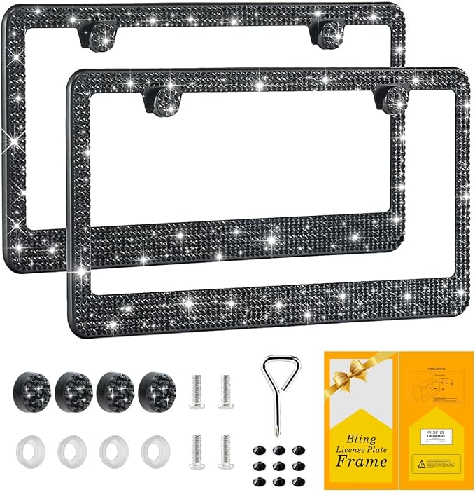 FIISFIIS Bling License Plate Frame for Women,2 Pack Premium Stainless Steel Rhinestone License Plate Holder,Handmade Glitter Crystal Diamond Girl Lincense Plate Tag Cover,Bedazzled Sparkly-Black