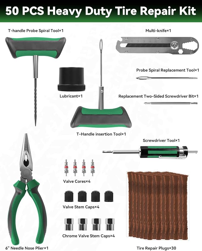 Tire Repair Kit with Effortless Insertion & Removal – 50pcs Complete Professional Heavy Duty Tire Plug Kit,Puncture Repair for Car, Motorcycle, Tractor, ATV, SUV, Truck (Portable Case Included)