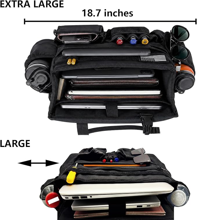 2 Pack Front or Seat back organizer seat side pocket with dedicated tablet and 17 IN laptop storage stabilizers external stabilizing side straps soft adjustable shoulder straps (Large Black)