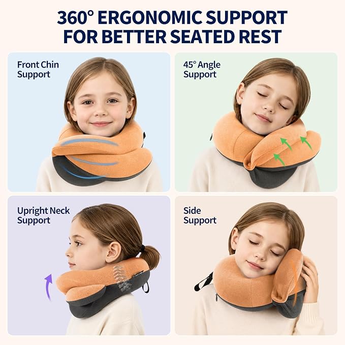 BUYUE Kids Travel Pillows for Airplane, Memory Foam 360° Head Support Sleeping Essentials for Long Flight, Skin-Friendly Soft Neck Pillow for Traveling in Car Seat, (Small, Orange Grey, 40-90 lbs)