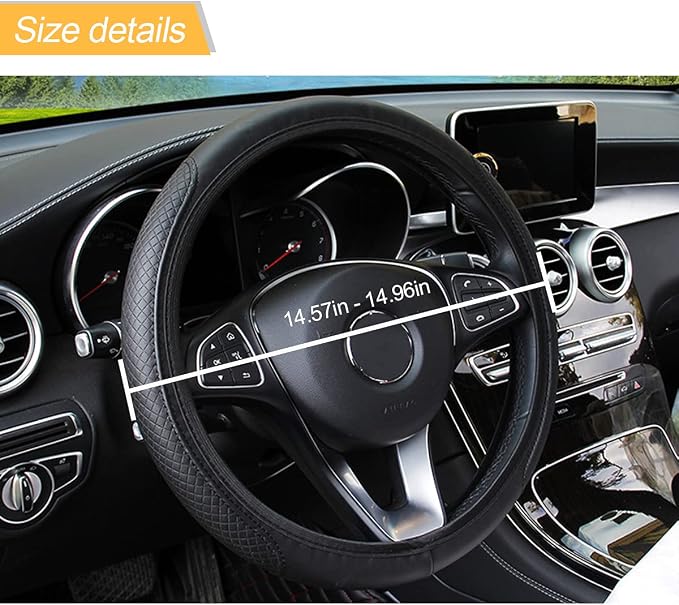 Leather Car Steering Wheel Cover for Men Women, Elastic, Breathable Anti-Slip, Universal 15 inch, (Black1)