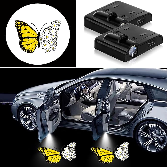 2PCS Car Door Lights,Butterfly and Daisy Door Lights Logo Projector LED Shadow Welcome Lamp,Car Accessories Butterfly and Daisy Gifts for Women Men,Suitable for All Vehicles Motorcycle Bike
