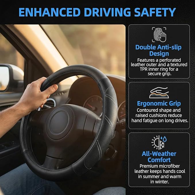 Osilly Car Steering Wheel Cover, 14.5-15" Leather Breathable Anti-Slip Stylish Steering Wheel Protector, Comfortable Auto Interior Decoration Accessories, Universal for SUV Van Truck (Black)