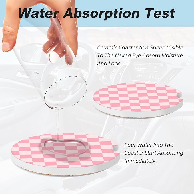 Pink Checkered Car Coasters for Cup Holders,2 Pack Car Cup Holder Coasters for Car,Ceramic Absorbent Car Coaster with A Finger Notch and Cork Base,Car Interior Accessories for Women Men