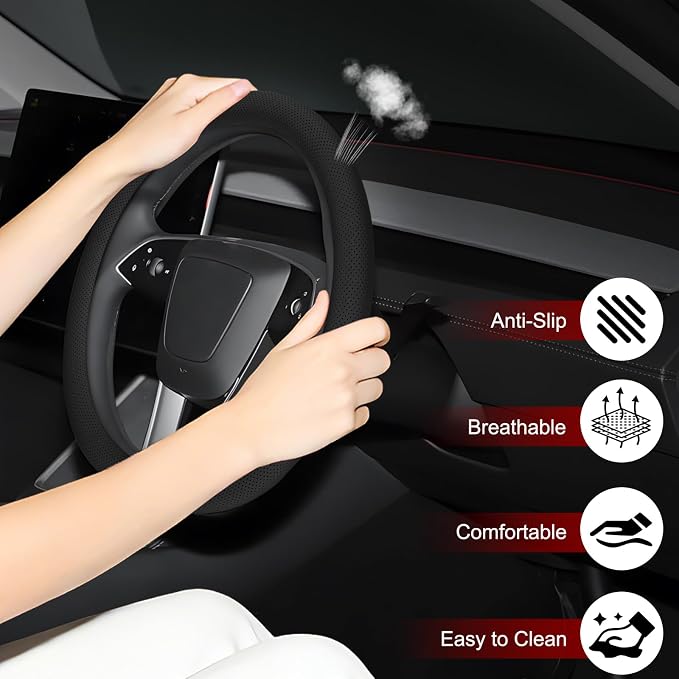 Microfiber Leather Steering Wheel Cover, 14.5-15 inch, Black | Universal Fit, Easy to Install, Non-Slip Design, Breathable
