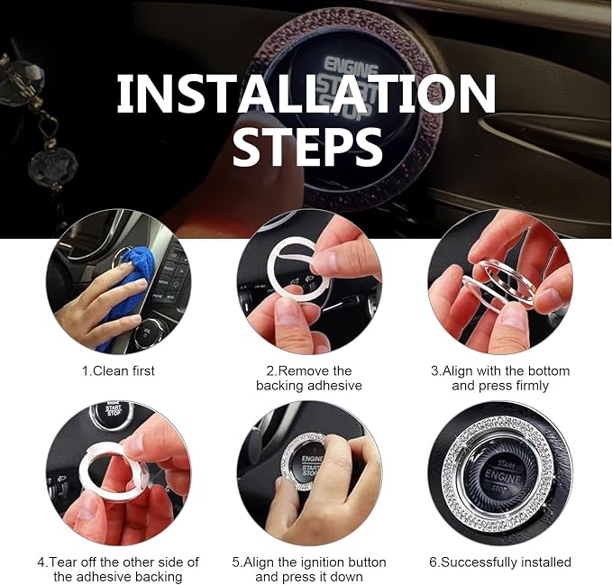 2PCS Car Engine Start Decoration Ring, Bling Crystal Double Rhinestone Push to Start Button Cover Sticker, Car Interior Accessories for Women, Fit for Key Ignition Knob Ring Decoration(White)