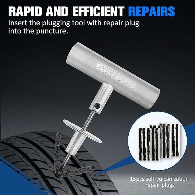 BETOOLL Tire Repair Kit, 35 Pcs Professional Heavy Duty Universal Emergency Flat Tire Repair Kit to Fix Punctures, for car Motorcycle, Truck, Golf Cart, ATV, Tractor, ARB, RV, SUV, Trailer etc.