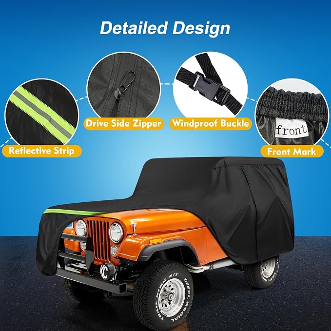 QUNSUNUS Waterproof Car Cover for Jeep CJ5 1955-1983, Outdoor Cj5 Cover with Cotton Lining, All Weather Cover with Straps and Zipper for Wind, Sun, UV and Dust Protection