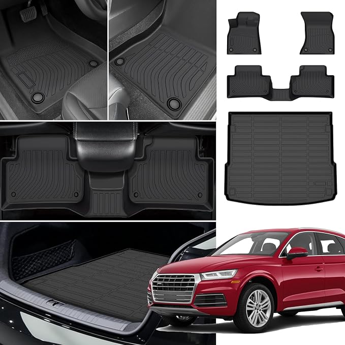Floor Mats for Audi Q5 & SQ5 2018 2019 2020 2021 2022 2023 2024 2025 | TPE 2020 Q5 Floor Mats 1st & 2nd Row & Cargo Liner,Waterproof Summer Winter Non-Slip Floor Liners Car Accessories