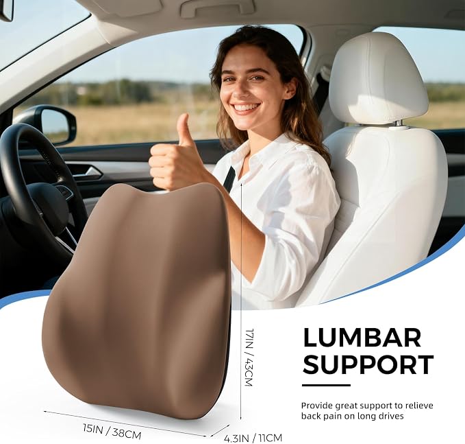 BEBAS Lumbar Support Pillow for Car, Memory Foam Back Cushion for Driving, Ergonomic Lumbar Pillow for Pain Relief, Comfort Lower Back Support for Office Chairs, Car Seat, Wheelchair -Brown