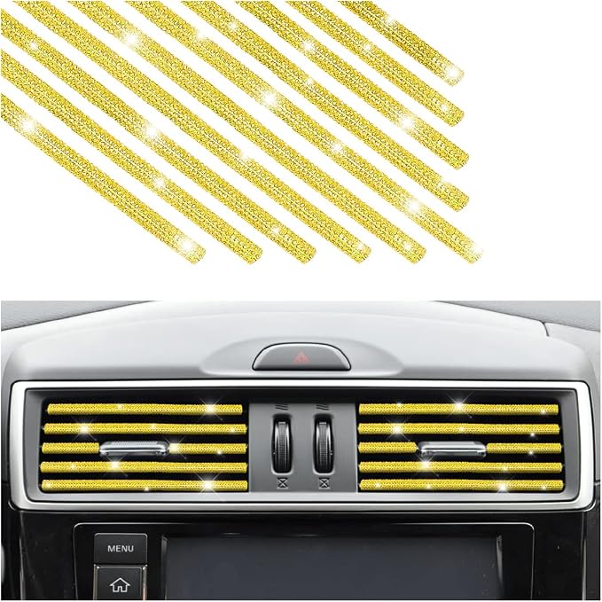 Bling Car Vent Outlet Trim, 10PCS Handcrafted Rhinestones Diamond Decoration Strips for All Straight Air Conditioner Outlet, Bling Car Interior Accessories for Women Girl (Gold)
