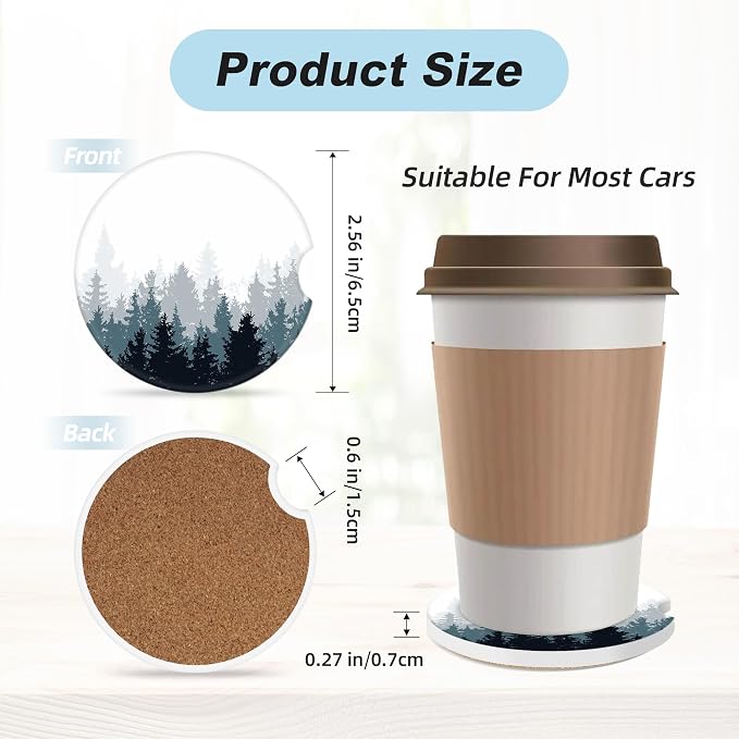 Forest Car Coasters for Cup Holders,2 Pack Car Cup Holder Coasters for Car,Ceramic Absorbent Car Coaster with A Finger Notch and Cork Base,Car Interior Accessories for Women Men