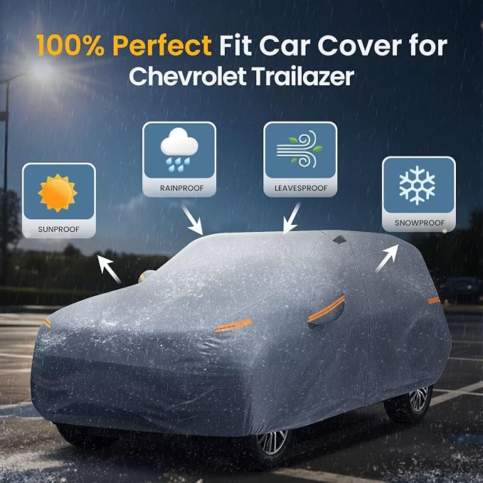Large SUV Car Cover for Chevrolet Trailblazer (2001-2026) 100% Waterproof All Weather, Heavy Duty Outdoor Full Exterior Covers Rain Sun Wind UV Protection. Gray