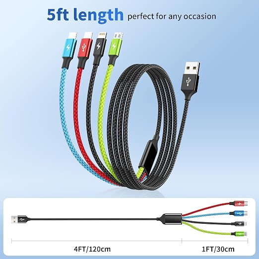 4 in 1 Multi Charging Cable, 3 Pack 5FT Charging Cords for Multiple Devices | USB C Car Charger Cable, Nylon Braided Phone Charger for Multiple Devices, Cruise Essentials 2026 Travel & Car Use