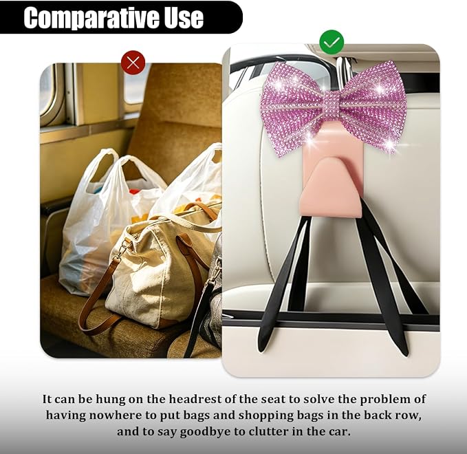 2PCS Bling Bow Headrest Hooks, Car Seat Bag Hangers, Pink | Pvc and rhinestone construction, butterfly bow decoration, rear seat storage, bag and coat hanging, car interior accessories