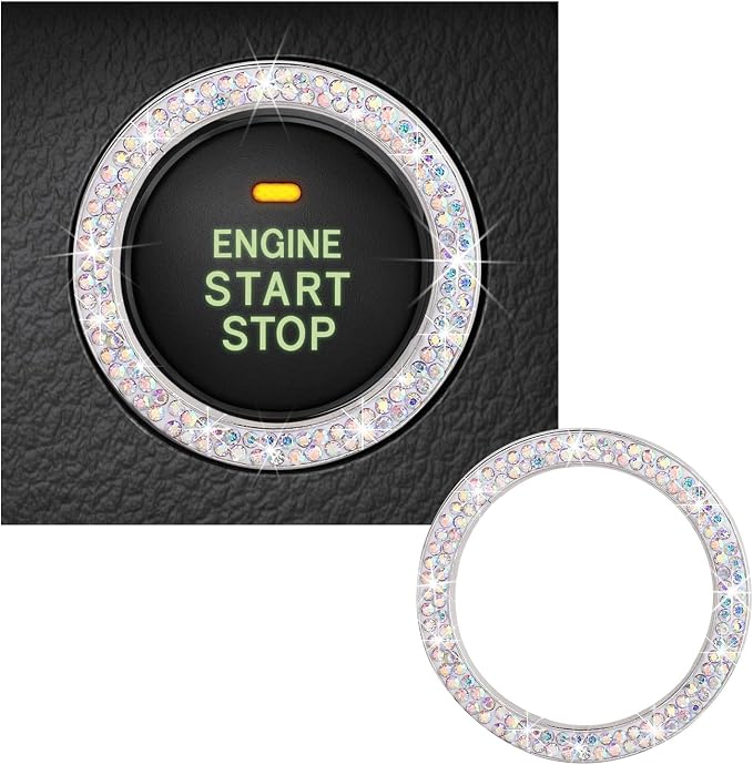 Kewucn Bling Crystal Double Rhinestone Car Engine Start Decoration Ring, Sparkling Push Start Button Sticker, Key Ignition & Knob Ring Decoration, Bling Car Interior Accessory(AB)