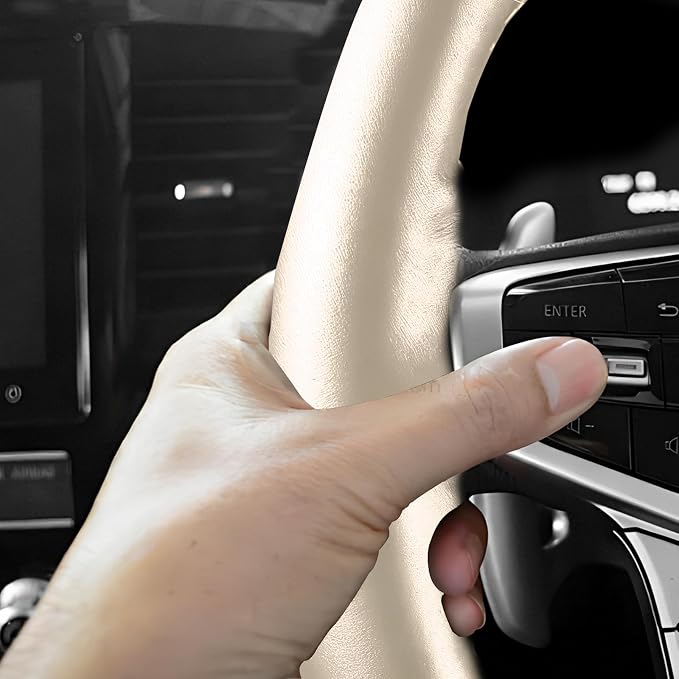 Genuine Leather Steering Wheel Cover, 15 Inch Stitch on Wheel Wrap with Needles & Threads, Breathable Steering Wheel Protector DIY Sewing Wrap for Car Truck SUV (Beige, Glossy)