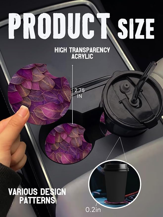 Car Cup Coasters,2 Pack Car Coaster,2.75inch Anti Slip and Absorbent Cars Coasters for Cup Holders,Neopren Accessories for Women,Cute Decor for Women (Purple Leaves)