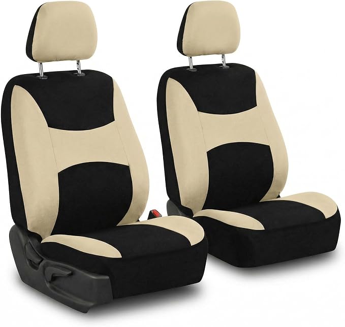 FH Group Universal Automotive Seat Covers Front Set | Light & Breezy Flat Cloth Washable Car Seat Cover for SUV, Sedan, Truck | Airbag Compatible Interior Upgrade - Beige/Black