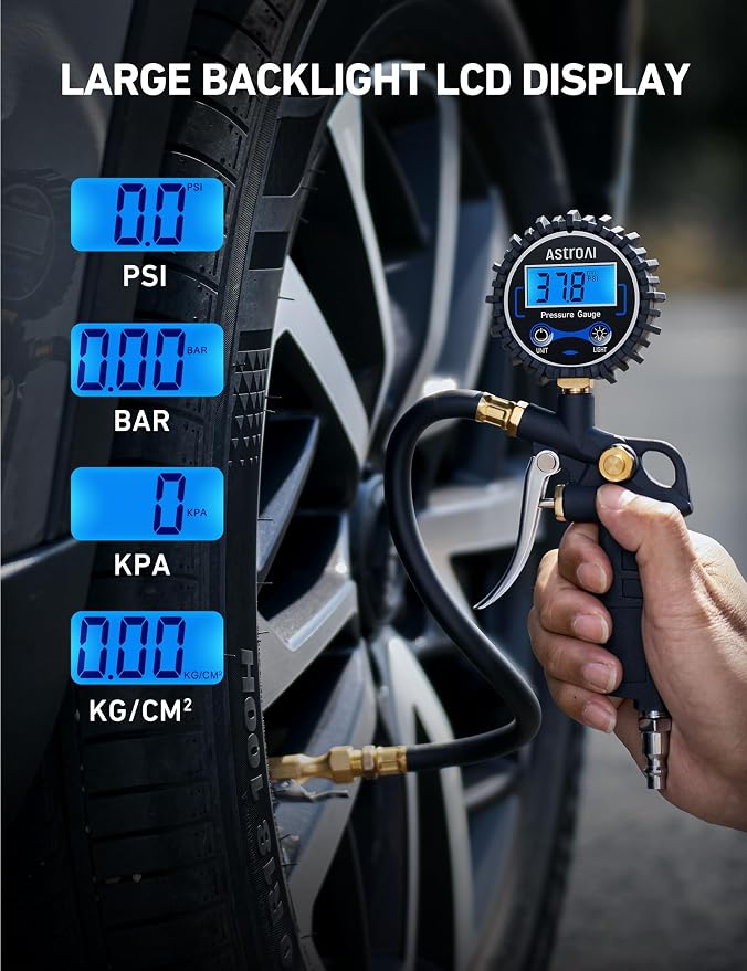 AstroAI Digital Tire Pressure Gauge with Inflator, 3-250 PSI Air Chuck & Compressor Accessories Heavy Duty with Quick Connect Coupler, 0.1 Display Resolution, 1Pack Standard, with case