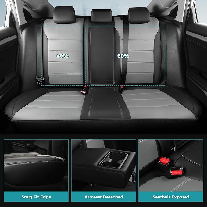 Seat Covers for Honda Civic Sedan 2022-2024 Touring &2025 2026 Hybrid Sport Touring, Faux leather Black Grey Leather Car Seats Cover Full Set for car - Rear Row 60/40 Split Bench - Black Grey