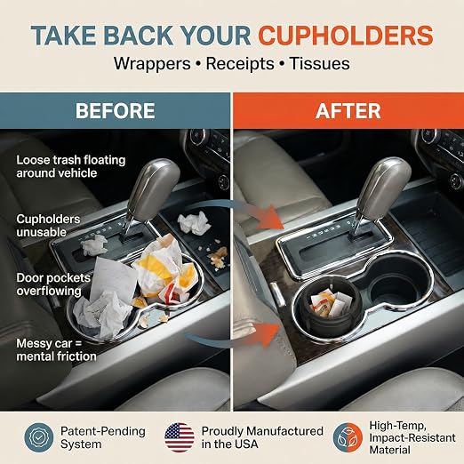 Trash Trapper Car Trash Can Cup Holder | Micro Car Trash Can | Fits Flush in Most Cupholders | 3.5" x 3.5" | Traps More & Empties Less, Patent-Pending Compaction, Holds Small Garbage, Black/Black