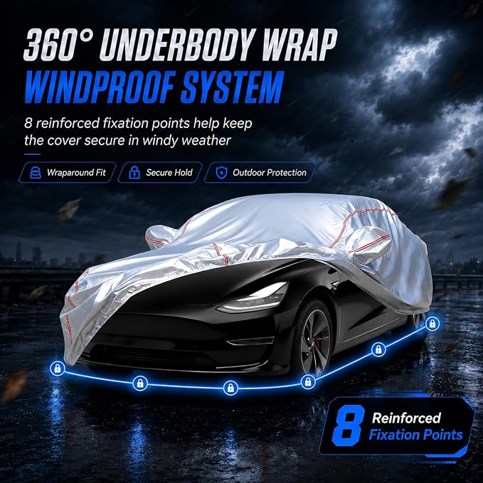 Waterproof All Weather Heavy Duty Vehicle Cover, 360° Underbody Wrap Windproof Design, Quick Install Outdoor Cover,（for Tesla Model 3 2017-2025）