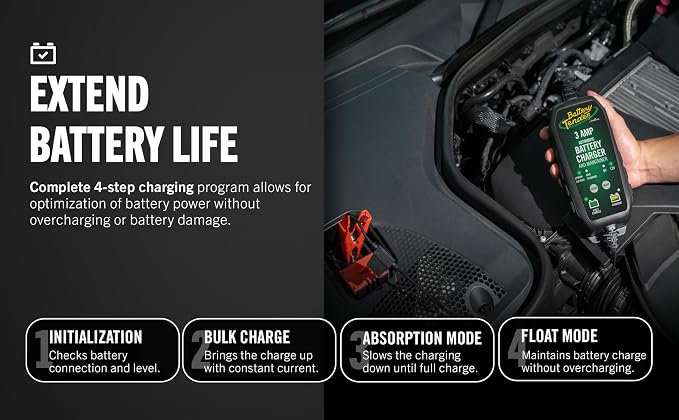 Battery Tender 3 AMP Battery Charger and Maintainer - Automotive Switchable 12V or 6V Smart Automatic for Cars SUVs and Trucks - Lead Acid, AGM, Gel, & Lithium Battery Charger - 022-0202-COS
