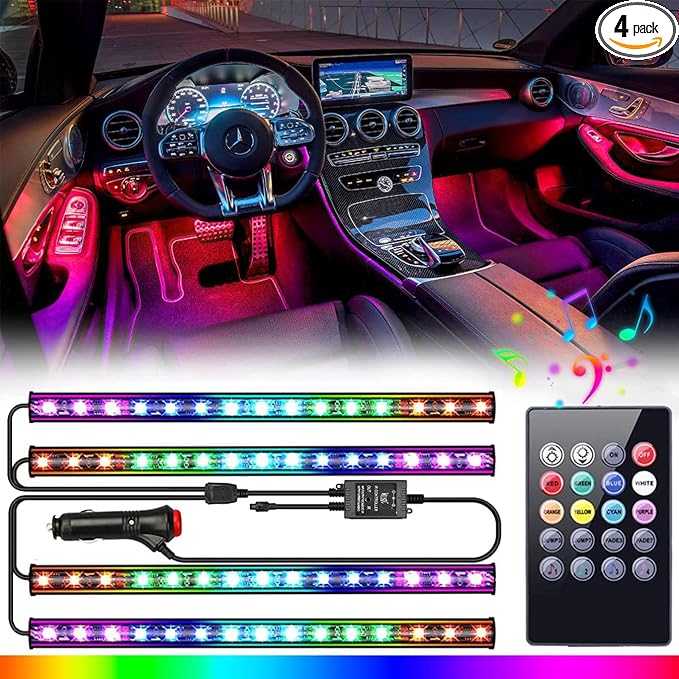 Car LED Lights Interior, LED Lights for Car Accessories Interior with Remote Control, Truck Inside Lights with DIY Mode and Music Mode, Ambient Lighting for Cars SUVs Trucks with Car Charger, DC 12V