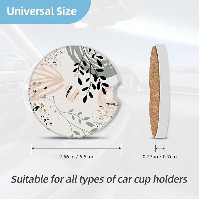 2 Pack Car Coasters for Cup Holders, 2.56" Universal Absorbent Ceramic Stone Car Cup Holder Coasters with Non-Slip Cork Base, Car Interior Accessories for Women Men(Boho Leaf)