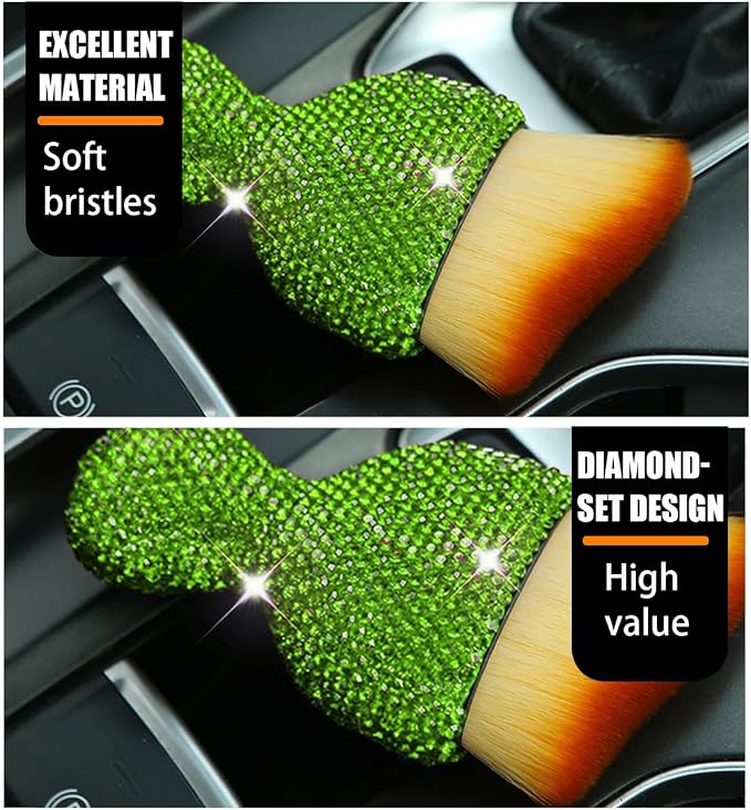 zipelo Auto Interior Dust Brush, Car Detailing Cleaning Brush with Diamond, Bling Handle Soft Bristles Dusting Tool, Scratch Free Dirt Clean Brushes for Vehicle Dashboard, Air Conditioner Vent (Green)