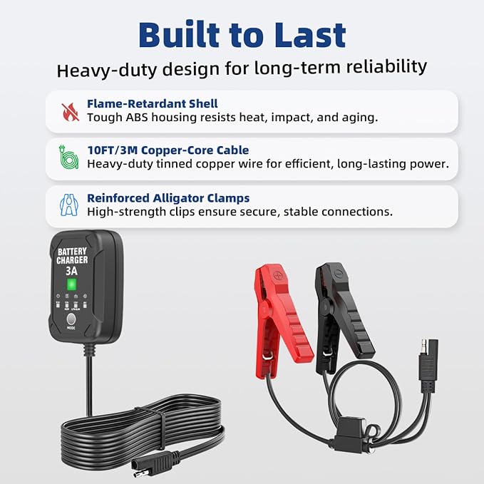 3A 6V/12V Car Battery Charger – Smart Trickle Charger, Battery Maintainer & Desulfator with Overcharge Protection & Temperature Compensation – for Lead Acid, AGM, Gel, Lithium Batteries