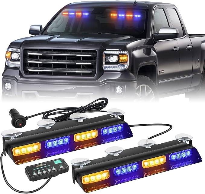 XRIDONSEN 2x 14 inch Amber Blue Emergency Dash Lights 32 LED Strobe Lights | Interior Safety Warning Hazard Caution Front/Rear Windshield Light Bar w/ Controller for Construction Vehicles Trucks Car