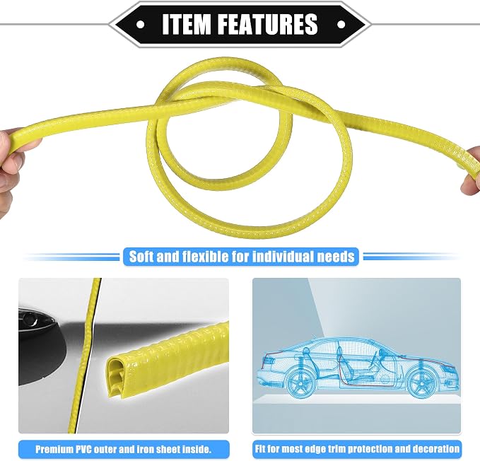 Car Door Edge Guard, 16.4ft U Shape Rubber Edge Trim Seal Strip Protector Universal for Car Truck ATV Boat Multifunctional No Glue PVC Iron Yellow