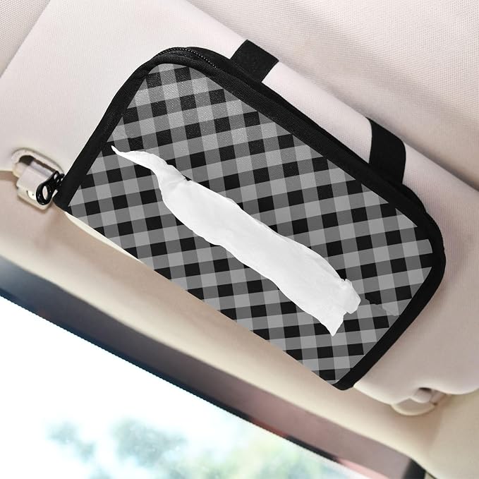 Car Visor Tissue Holder Mask Holder for Car, Car Tissue Box Sun Visor Napkin Holder Car Visor Accessories Adjustable Straps Reusable Durable Easy to Install Black and Grey Gingham