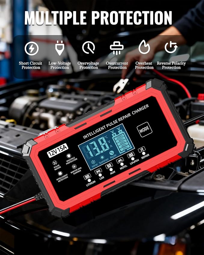 12V 15A Car Battery Charger - Smart Automatic Trickle Charger Battery Maintainer for Car Battery with Pulse Repair & LCD Display, Compatible with Lithium/CAR/AGM/Moto/LiFePO4 Batteries